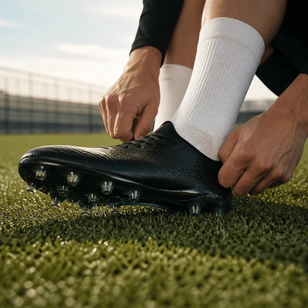 Botas de fútbol sobre césped mostrando el ajuste y los tacos