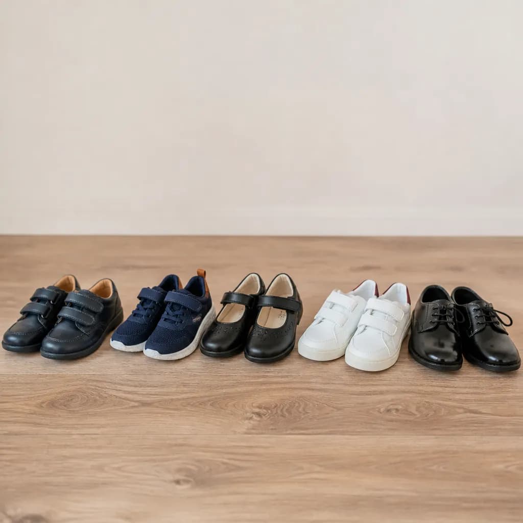 Variedad de zapatos escolares para niños, destacando diseño ergonómico y comodidad en una superficie de madera.